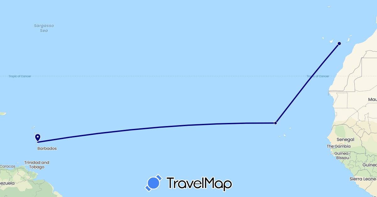 TravelMap itinerary: driving in Cape Verde, Spain, Saint Lucia (Africa, Europe, North America)